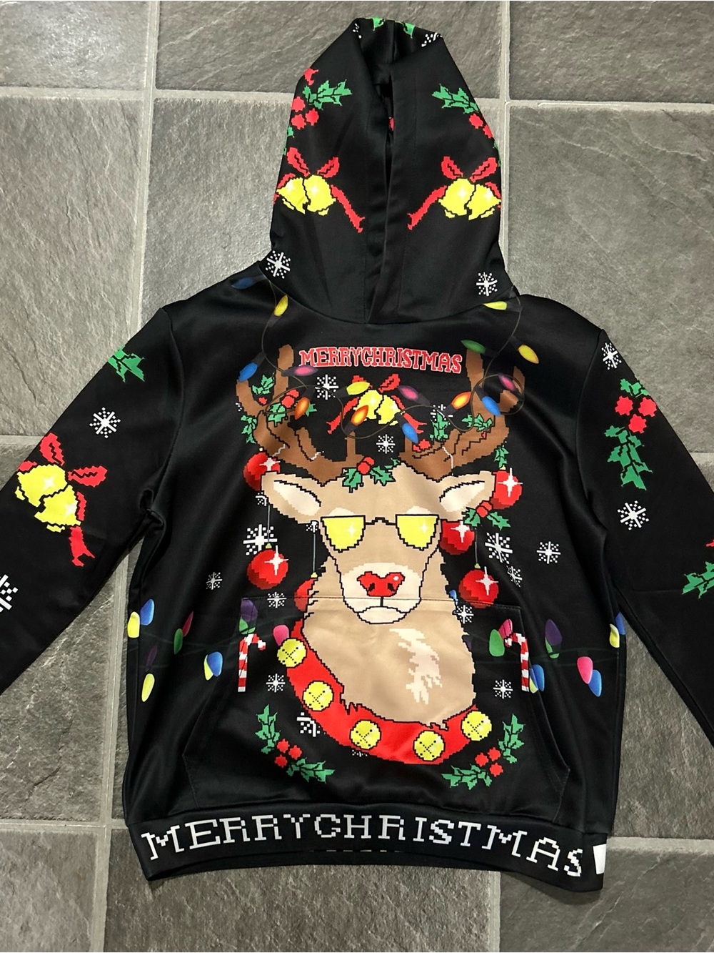 Kids Black Christmas Reindeer Hoodie Sweater size unknown no tag.